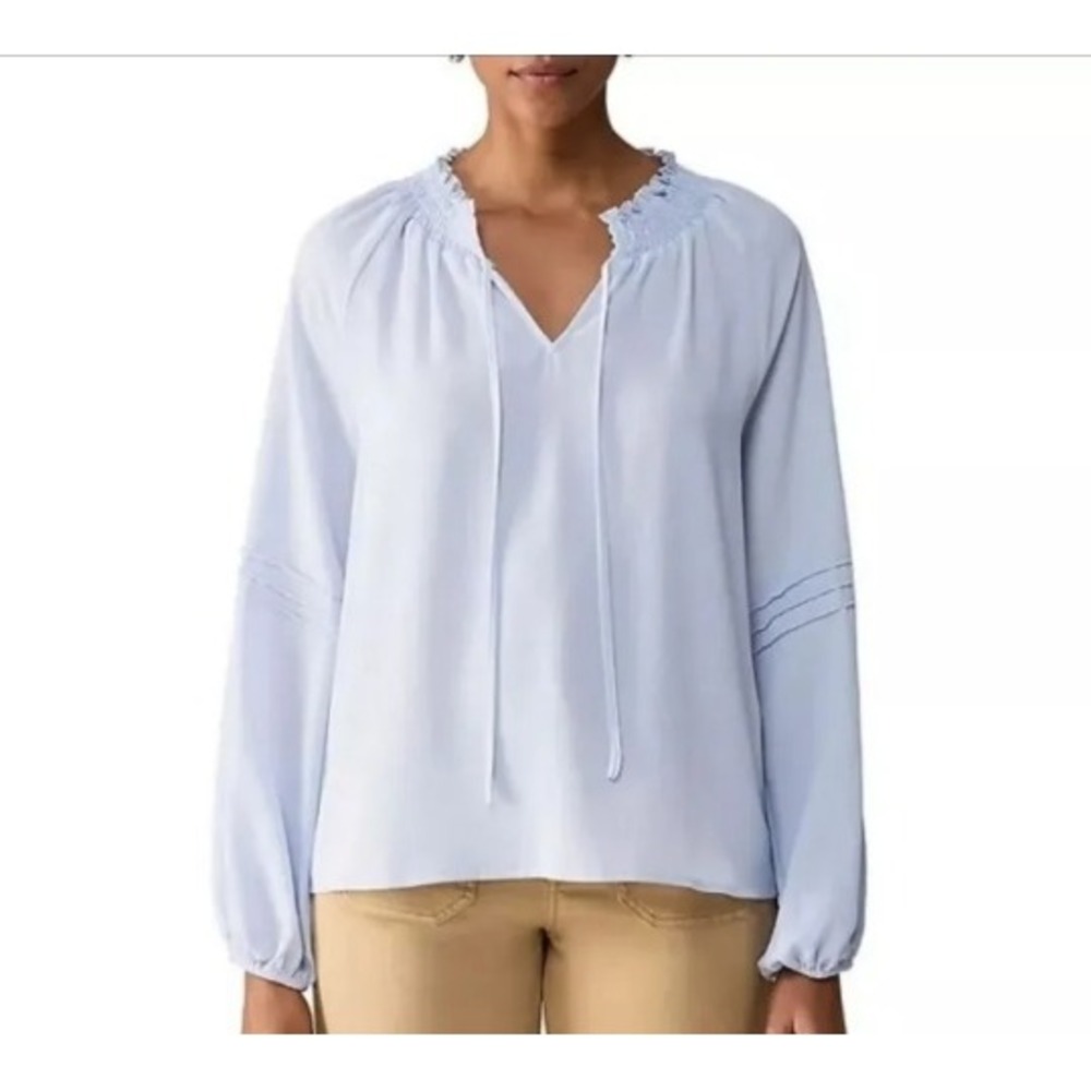 NWT Social Standard by Sanctuary Tallie Blue Smocked Tie Neck Peasant Blouse L